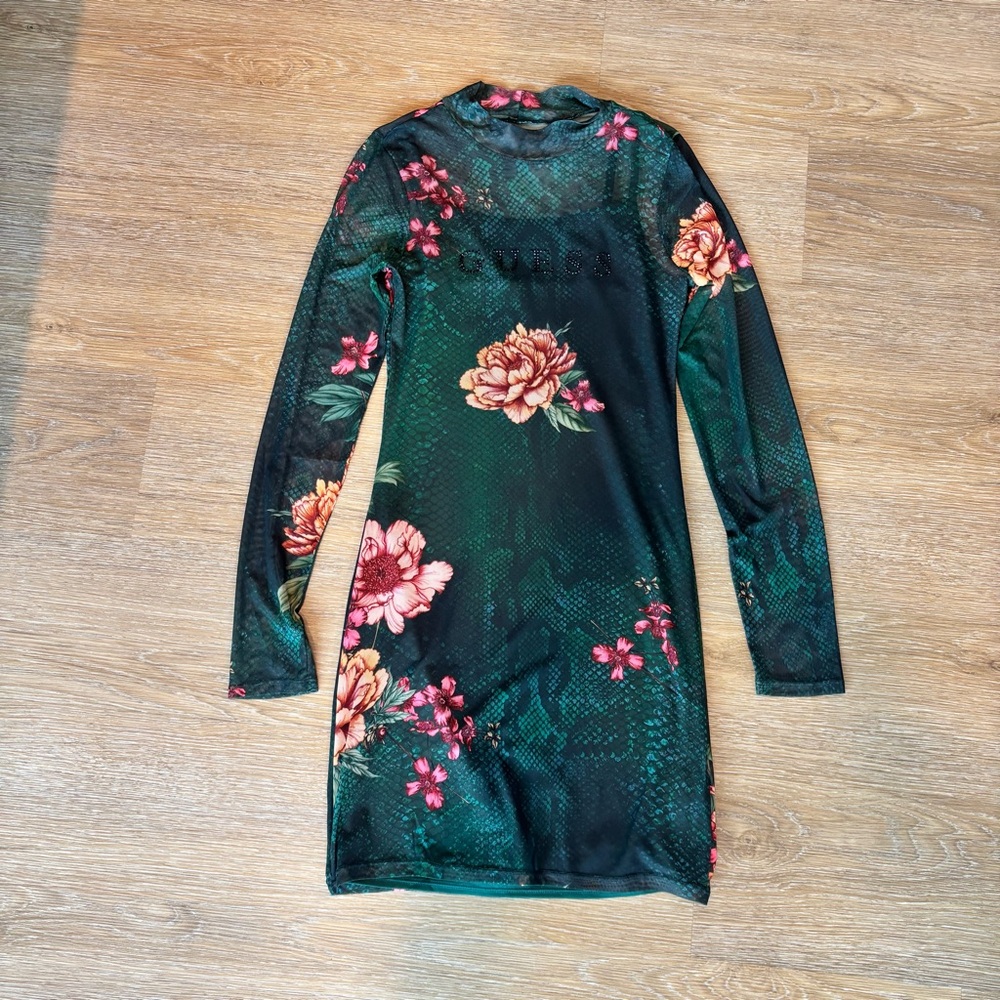 Guess Green Floral Mesh Dress